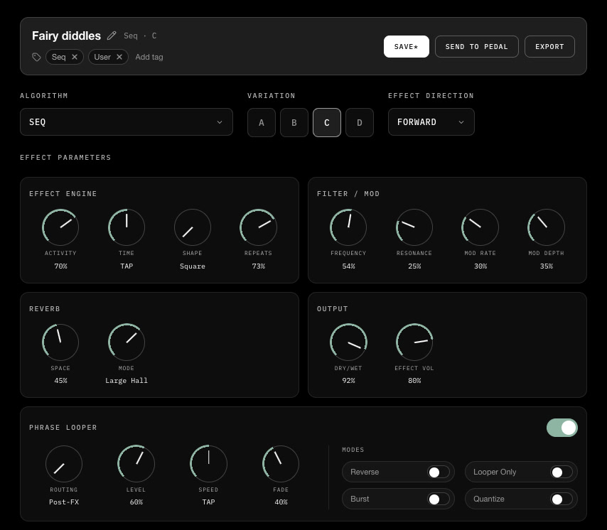 The LATCH editor for the Hologram Electronics Microcosm, showing all effect parameters across three rows of dials